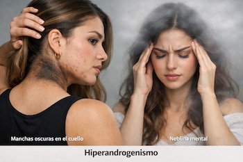 Dos mujeres. Una tiene manchas oscuras en el cuello y acné en la cara. La otra tiene las manos en las sienes, con una ligera neblina alrededor de su cabeza.