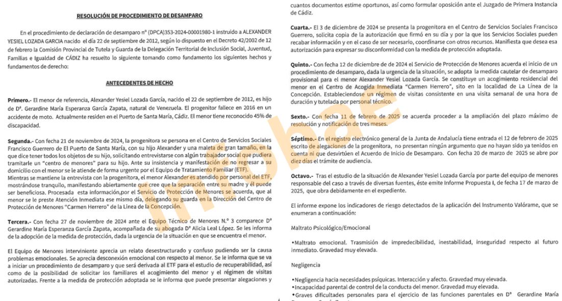 Resolución de Procedimiento de Desamparo, por el cual Alexander pasa a estar bajo el cuidado de la Junta de Andalucía. (Imagen cedida)