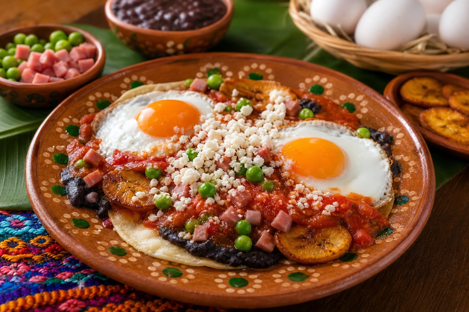 Un plato de barro contiene huevos motuleños servidos con frijoles negros, salsa de tomate, jamón, chícharos, queso y plátano frito según la costumbre culinaria de Yucatán. (Imagen Ilustrativa Infobae)