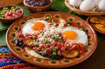Plato con dos huevos fritos sobre tortillas, salsa de tomate, jamón, chícharos y plátano, junto a cuencos con ingredientes y una cesta de huevos.