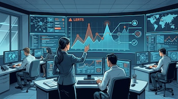 Ilustración de cuatro analistas frente a computadoras y una gran pantalla curva con gráficos de datos, alertas y un mapa mundial.