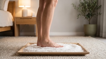 Piernas y pies descalzos sobre una bandeja de madera con sal gruesa blanca en una alfombra beige, dentro de un dormitorio con una lámpara y una planta.