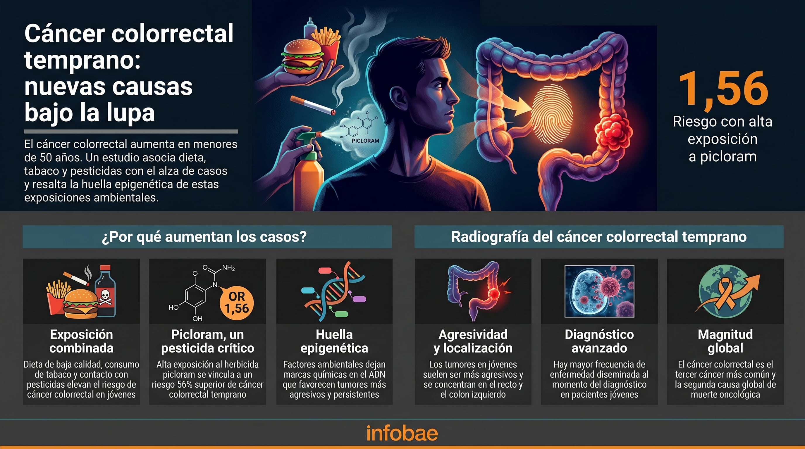 Un estudio vincula el aumento del cáncer colorrectal temprano en jóvenes con la exposición combinada a dieta de baja calidad, consumo de tabaco y pesticidas, especialmente picloram, resaltando su huella epigenética. (Imagen Ilustrativa Infobae)