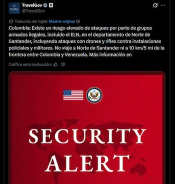 La alerta de Estados Unidos recomendó no viajar a Norte de Santander ni a zonas ubicadas a menos de 10 kilómetros de la frontera con Venezuela - crédito @TravelGov / X