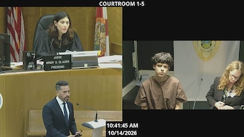 Pantalla dividida de una audiencia judicial con una jueza, un abogado en un podio y el acusado Michael Isaac Delgado con uniforme marrón