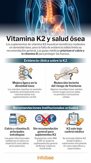 Infografía con un esqueleto humano, gráficos de densidad ósea y fracturas, un frasco de calcio y vitamina D, un logo tachado y una receta médica con pastilla.