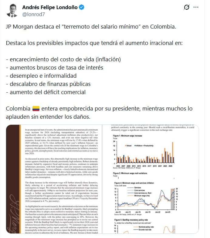 Andrés Felipe Londoño, exsuperintendente Financiero, dijo que JP Morgan ve un terremoto en Colombia debido al aumento del salario mínimo - crédito @lonrod7/X