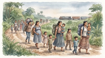 Varias mujeres con niños y equipaje caminan por un sendero rural mientras un tren avanza en el fondo de una ilustración en acuarela.