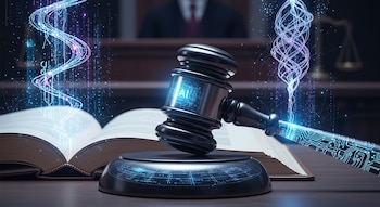 Un mazo judicial con las letras AI en el centro, apoyado sobre un libro abierto en una mesa de madera. Un patrón de circuito y luces azules lo rodean.