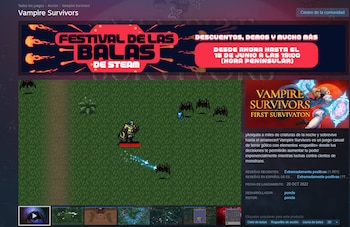 Captura de pantalla de un ordenador personal mostrando la página de Steam de Vampire Survivors con gráficos pixelados y un banner de ofertas