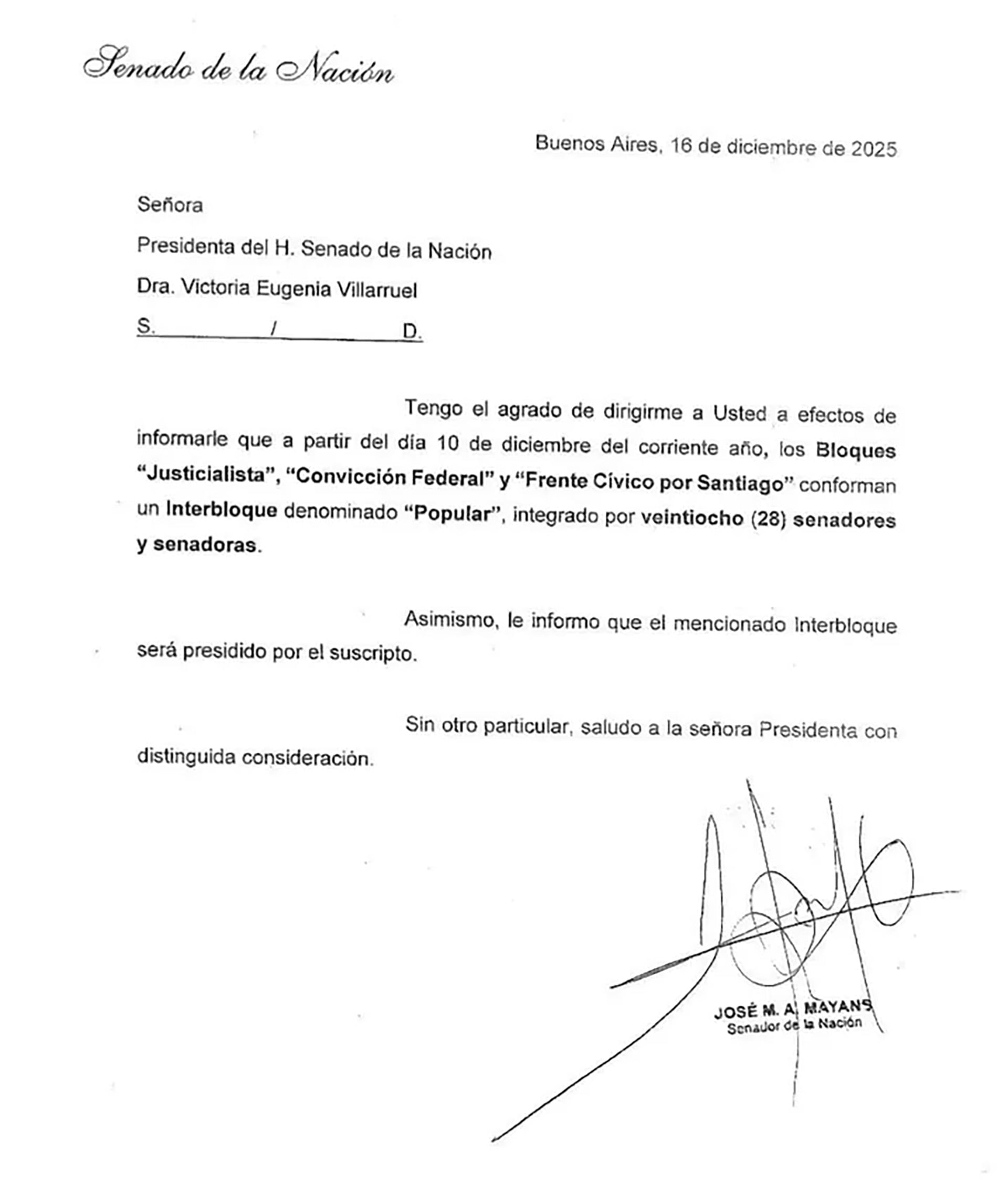 La nota enviada a Victoria Villarruel