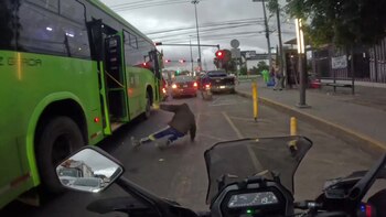 En redes, motociclista se hace viral por compartir el video donde un asaltante es arrojado a una vialidad.