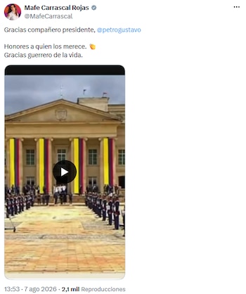 Mafe Carrascal agradeció a Gustavo Petro y lo reconoció como “guerrero de la vida” - crédito @MafeCarrascal/X