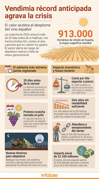 Infografía de Infobae con título, texto y datos sobre la vendimia española. Incluye iconos de viñedos, uvas, calendario, balanza, gráfico y agricultor.