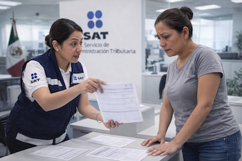 Dos mujeres en una oficina. Una funcionaria del SAT y otra mujer. Muestran documentos en un escritorio. Logo del SAT y bandera de México al fondo.