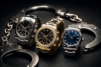 Tres relojes de pulsera de metales dorado y plateado junto a esposas de metal sobre una superficie negra.