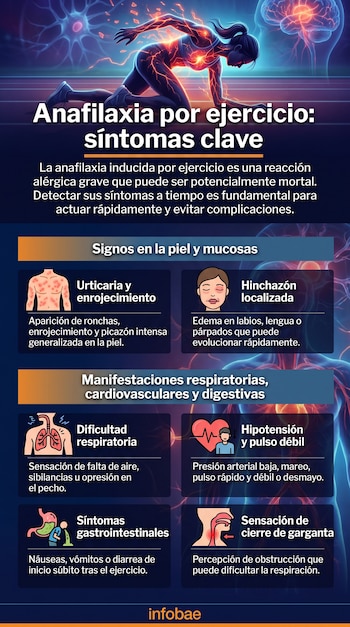 Infografía de Infobae sobre anafilaxia por ejercicio. Muestra una persona corriendo, neuronas y seis íconos con síntomas.