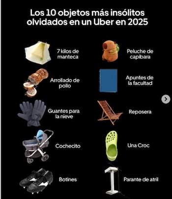Entre arrollado de pollo, botines y guantes para la nieve, los casos reflejan viajes con prisa, bolsas y conversaciones, donde objetos sueltos quedan atrapados entre ropa y equipaje, y se notan solo cuando ya es tarde - crédito @uber_arg/Instagram
