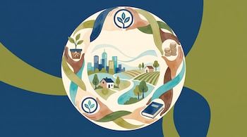 Ilustración circular con manos sosteniendo una planta, monedas, un libro y un emblema alrededor de una ciudad y campos.