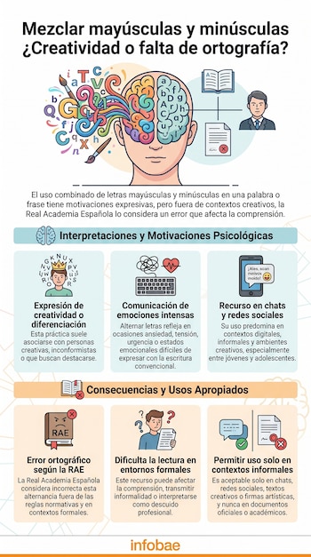 Infografía ilustra un cerebro dividido entre creatividad (letras coloridas) y reglas ortográficas (letras formales), analizando el uso de mayúsculas y minúsculas.