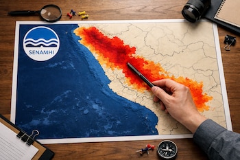 Vista aérea de un mapa de la costa peruana sobre una mesa. Zonas en rojo y naranja intenso marcan anomalías térmicas. Una mano con manga gris señala el área más afectada. Se aprecia el logo del SENAMHI.