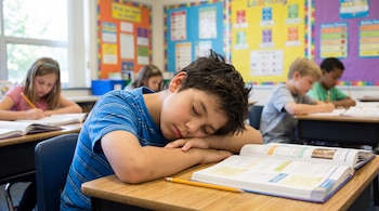 Un niño duerme sobre un pupitre de madera con un libro abierto y un lápiz. Otros tres niños escriben en sus pupitres en un aula.