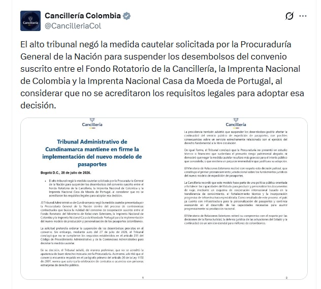 Pronunciamiento de la Cancillería tras el fallo del Tribunal de Cundinamarca - crédito Cancillería