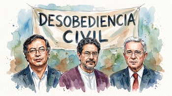 Ilustración de acuarela de tres hombres: Gustavo Petro, Armando Benedetti y Álvaro Uribe. Detrás de ellos se observa una pancarta con la frase Desobediencia Civil.