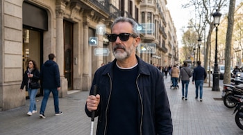 Un hombre ciego de 50 años con barba y gafas de sol Meta Ray-Ban, sujetando un bastón blanco, camina por una calle urbana con iconos virtuales sobre sus gafas.