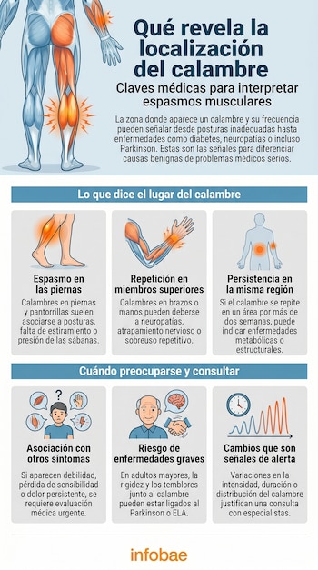 Infografía médica sobre calambres musculares. Muestra un cuerpo humano con músculos resaltados, y paneles explicando tipos de calambres y cuándo consultar.