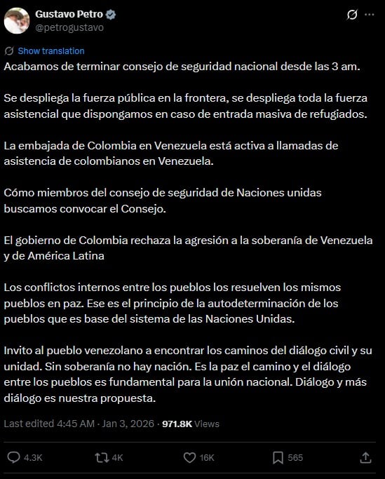 La postura oficial, expresada en redes sociales, subraya el principio de autodeterminación y destaca la importancia de los foros internacionales para resolver conflictos mediante mecanismos pacíficos y mantener la estabilidad regional - crédito captura de pantalla / X