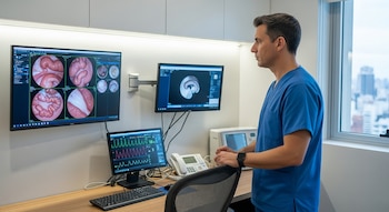 Médico argentino de unos 40 años, en uniforme azul, mira monitores con imágenes de videocolonoscopia y signos vitales en consultorio de Buenos Aires.