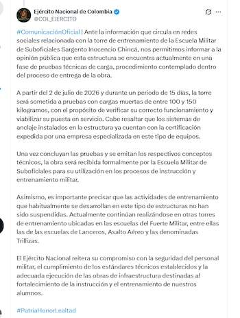 El Ejército Nacional informó que la torre de entrenamiento de la Escuela Militar de Suboficiales Sargento Inocencio Chincá está en una fase de pruebas técnicas de carga - crédito @COL_EJERCITO/X