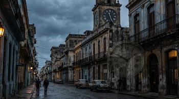 Calle urbana con edificios, una torre con reloj, automóviles antiguos estacionados, farolas encendidas y peatones bajo un cielo gris.