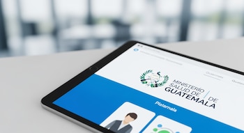 Primer plano de una tablet gris sobre una superficie blanca que muestra la página web del Ministerio de Salud de Guatemala con su logo institucional.