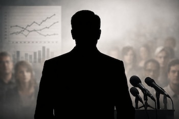 Silueta de un hombre de espaldas, de pie frente a un fondo que muestra gráficos de barras y líneas, micrófonos en primer plano y rostros desenfocados de personas.