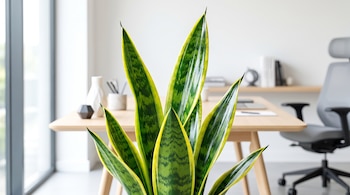 Primer plano de una planta Sansevieria con hojas verdes y bordes amarillos. Fondo desenfocado muestra un escritorio, una silla de oficina y una ventana.