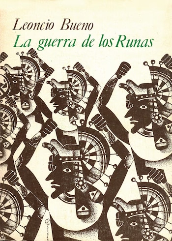 Portada de libro "La guerra de los Runas" de Leoncio Bueno. Muestra seis figuras humanas estilizadas de color marrón oscuro sobre un fondo crema