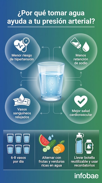 Infografía con título, un vaso de agua, burbujas sobre hipertensión, sodio, vasos sanguíneos, salud cardiovascular y consejos de hidratación de Infobae.
