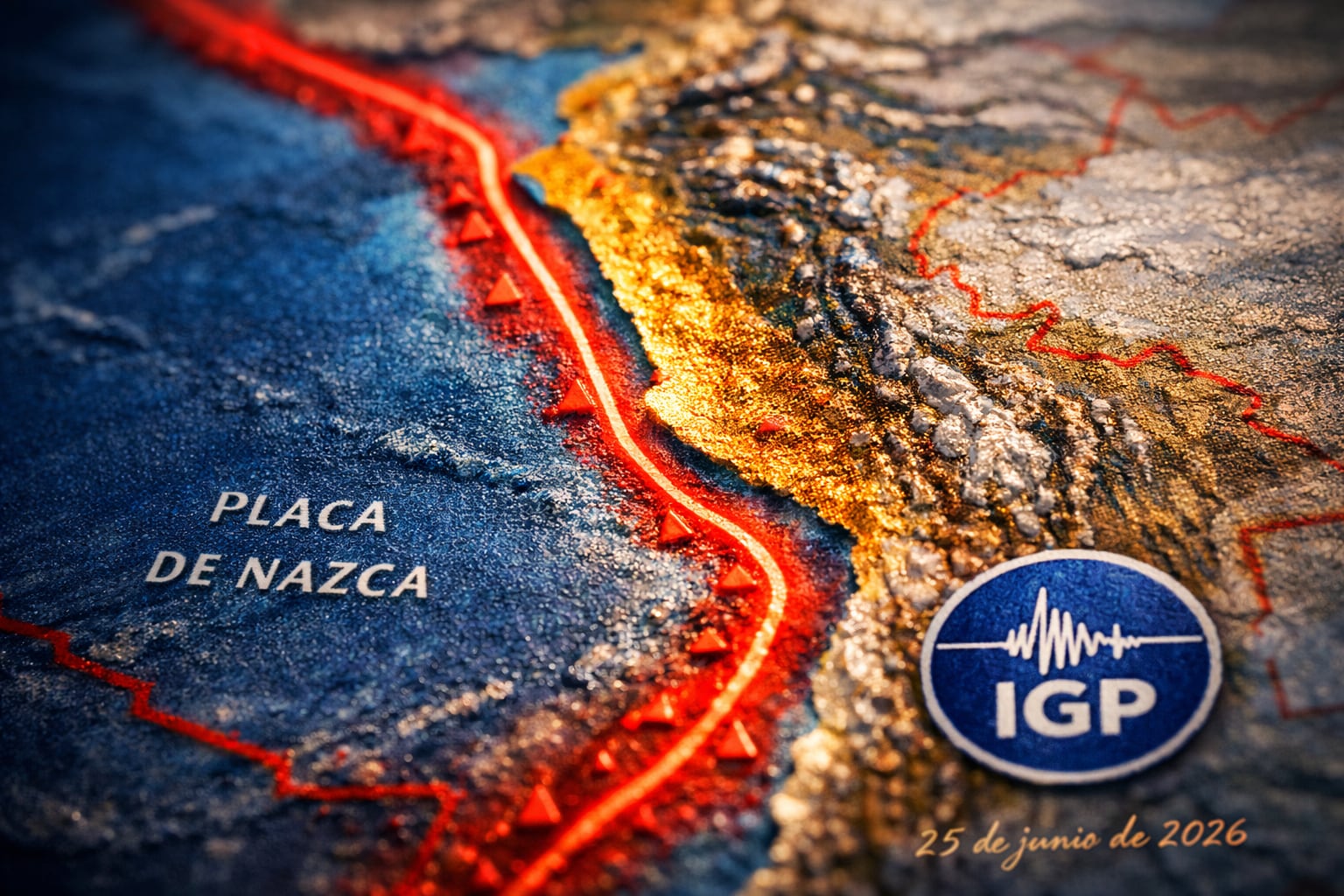 Un mapa físico-político conceptual resalta la costa peruana, la Placa de Nazca y el Cinturón de Fuego del Pacífico, con el logo del IGP y la fecha 25 de junio de 2026. (Imagen Ilustrativa Infobae)