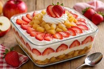 Un recipiente de vidrio con postre de crema, trozos de manzana y fresas cortadas sobre una mesa de madera junto a una cuchara.