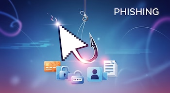 Ilustración de un anzuelo con un cursor de ratón, junto a iconos de tarjeta de crédito, candados, perfil de usuario y documentos, con la palabra Phishing.