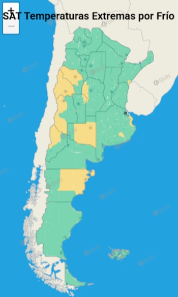 Mapa de Argentina con provincias en verde y amarillo, que señala temperaturas extremas por frío. Contiene texto "SAT Temperaturas Extremas por Frío" y logos "SMN"