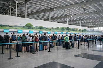 Personas con equipaje en filas frente a mostradores de facturación con pantallas azules que muestran 'WEBJET' en una terminal de aeropuerto.