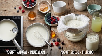 Vista aérea de la preparación de yogurt sobre una mesa de madera. A la izquierda, leche en olla con termómetro y yogurt con batidor. A la derecha, yogurt siendo filtrado.
