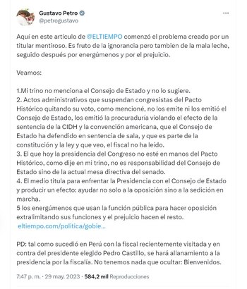 Petro dice que habrá allanamiento en la Casa de Nariño por la Fiscalía. Twitter.