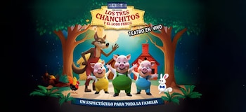 Afiche ilustrado con tres cerdos en el centro, un lobo al fondo, un gallo, un conejo blanco y una casa roja de ladrillo en un bosque