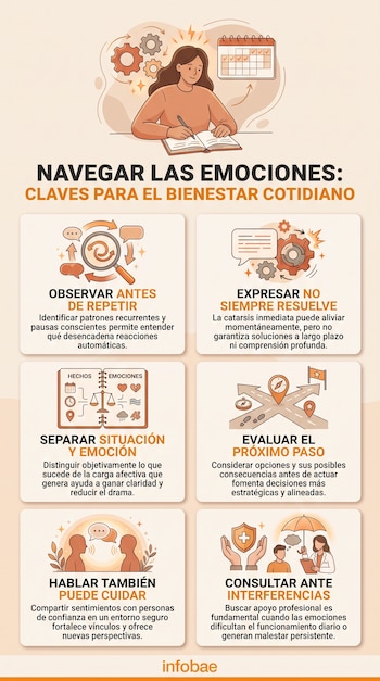 Infografía con seis recuadros ilustrados que resumen recomendaciones para la gestión de emociones y el bienestar cotidiano.
