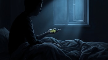 Una persona de perfil sentada en una cama sostiene pistachos en la palma de la mano frente a una ventana entreabierta en una habitación oscura.