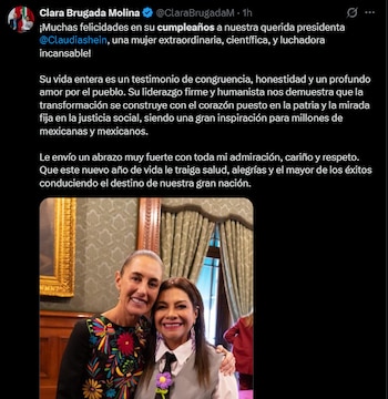 La mandataria capitalina califica a la presidenta como “una mujer extraordinaria, científica y luchadora incansable” y asegura que su trayectoria representa un ejemplo de coherencia personal y rectitud, al destacar su conducta pública.